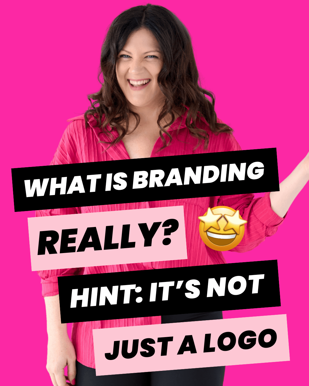 Emily brand identity designer wearing pink button up shirt smirking at the camera