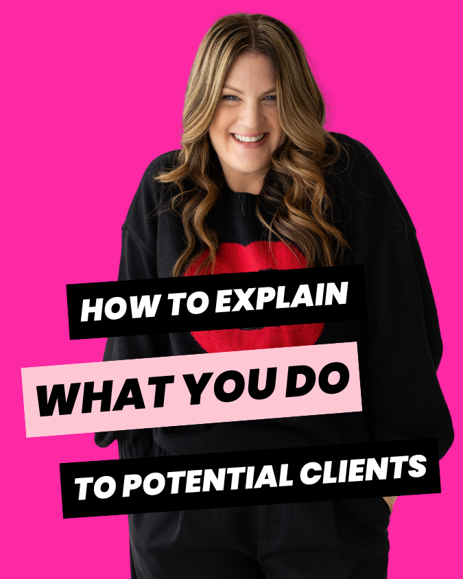 Brand strategist Emily Lauren Dick smiling on a pink background with text: how to explain what you do to potential clients